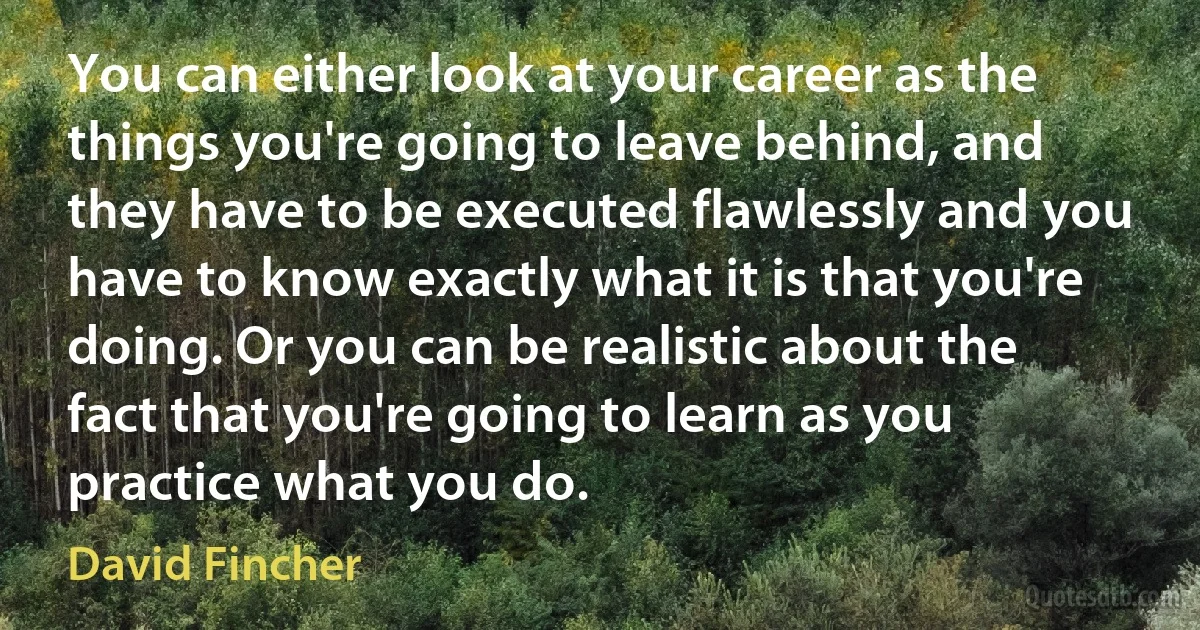 You can either look at your career as the things you're going to leave behind, and they have to be executed flawlessly and you have to know exactly what it is that you're doing. Or you can be realistic about the fact that you're going to learn as you practice what you do. (David Fincher)