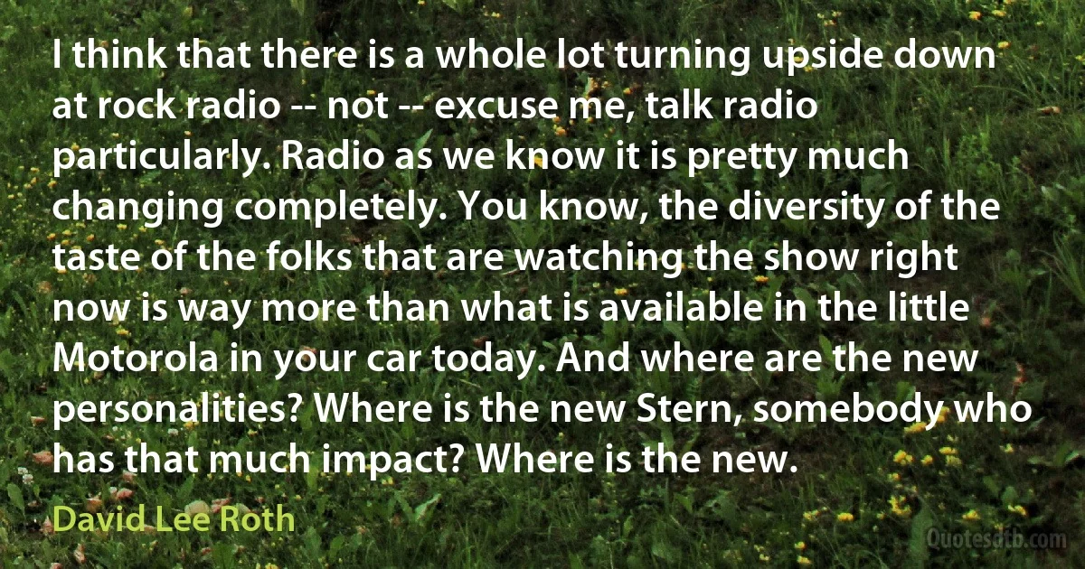 I think that there is a whole lot turning upside down at rock radio -- not -- excuse me, talk radio particularly. Radio as we know it is pretty much changing completely. You know, the diversity of the taste of the folks that are watching the show right now is way more than what is available in the little Motorola in your car today. And where are the new personalities? Where is the new Stern, somebody who has that much impact? Where is the new. (David Lee Roth)