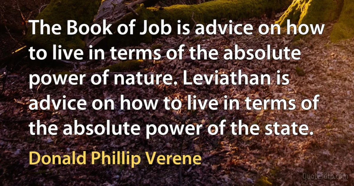 The Book of Job is advice on how to live in terms of the absolute power of nature. Leviathan is advice on how to live in terms of the absolute power of the state. (Donald Phillip Verene)