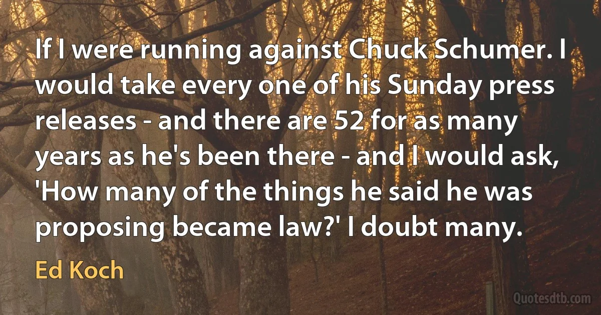 If I were running against Chuck Schumer. I would take every one of his Sunday press releases - and there are 52 for as many years as he's been there - and I would ask, 'How many of the things he said he was proposing became law?' I doubt many. (Ed Koch)