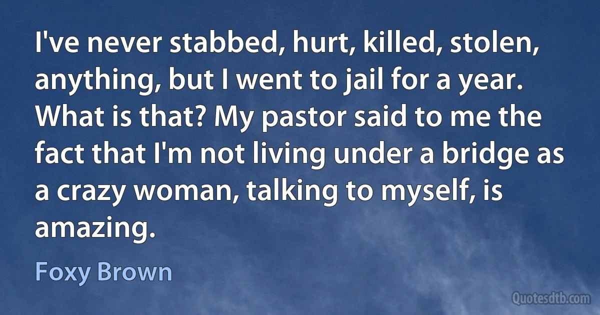 I've never stabbed, hurt, killed, stolen, anything, but I went to jail for a year. What is that? My pastor said to me the fact that I'm not living under a bridge as a crazy woman, talking to myself, is amazing. (Foxy Brown)