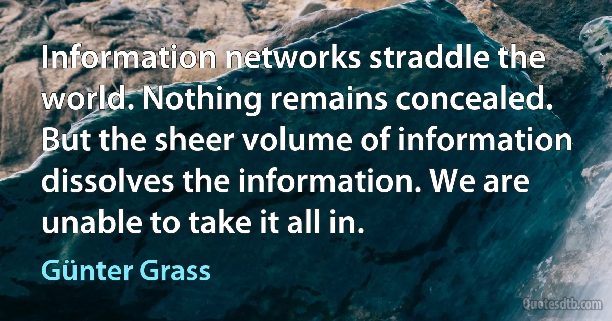 Information networks straddle the world. Nothing remains concealed. But the sheer volume of information dissolves the information. We are unable to take it all in. (Günter Grass)