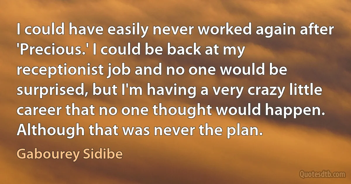 I could have easily never worked again after 'Precious.' I could be back at my receptionist job and no one would be surprised, but I'm having a very crazy little career that no one thought would happen. Although that was never the plan. (Gabourey Sidibe)