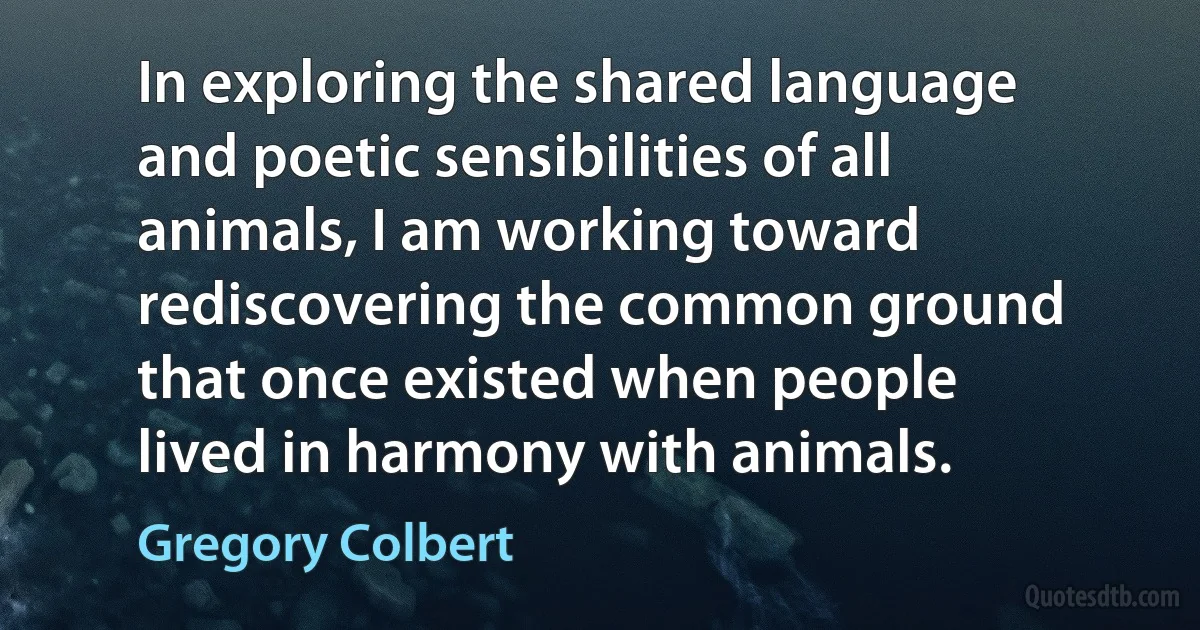 In exploring the shared language and poetic sensibilities of all animals, I am working toward rediscovering the common ground that once existed when people lived in harmony with animals. (Gregory Colbert)