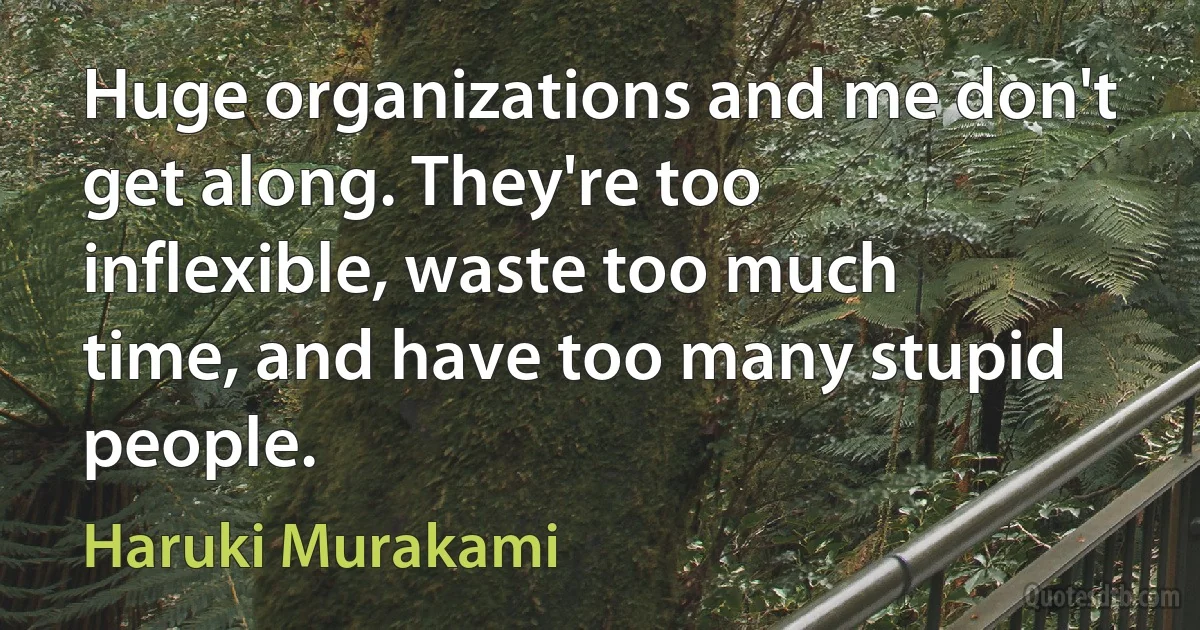 Huge organizations and me don't get along. They're too inflexible, waste too much time, and have too many stupid people. (Haruki Murakami)