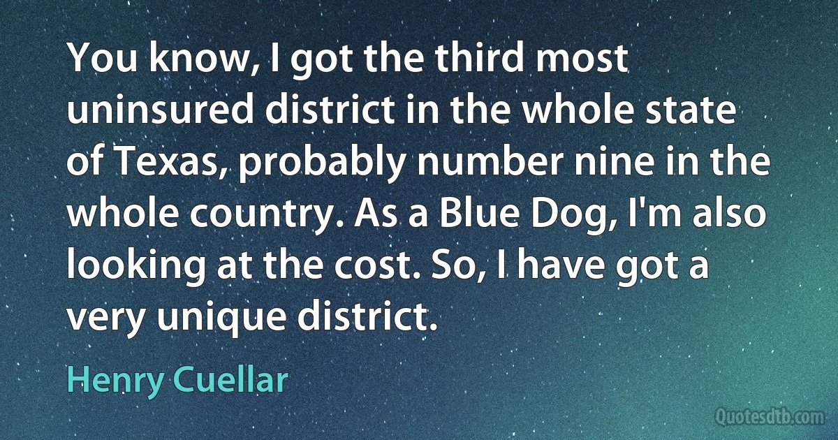 You know, I got the third most uninsured district in the whole state of Texas, probably number nine in the whole country. As a Blue Dog, I'm also looking at the cost. So, I have got a very unique district. (Henry Cuellar)