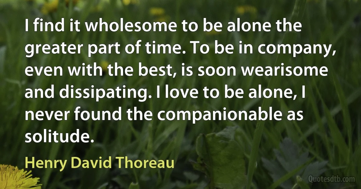 I find it wholesome to be alone the greater part of time. To be in company, even with the best, is soon wearisome and dissipating. I love to be alone, I never found the companionable as solitude. (Henry David Thoreau)