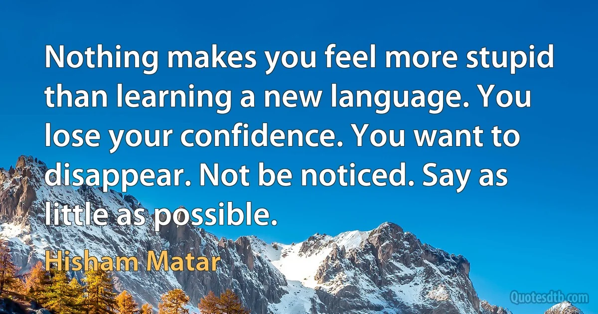 Nothing makes you feel more stupid than learning a new language. You lose your confidence. You want to disappear. Not be noticed. Say as little as possible. (Hisham Matar)