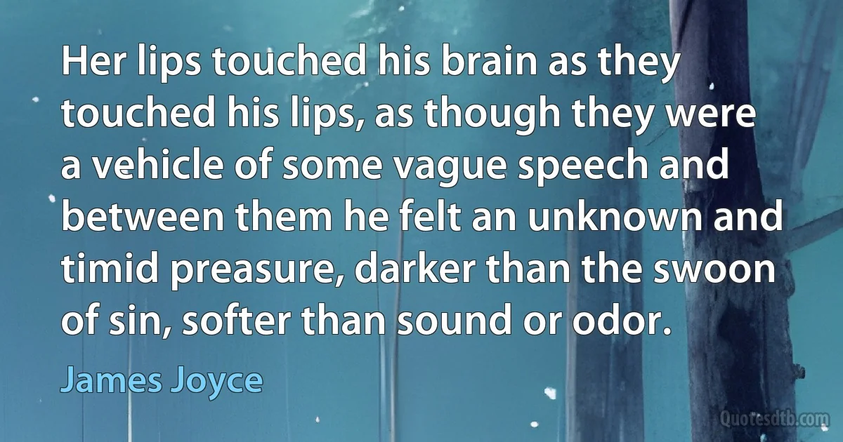 Her lips touched his brain as they touched his lips, as though they were a vehicle of some vague speech and between them he felt an unknown and timid preasure, darker than the swoon of sin, softer than sound or odor. (James Joyce)