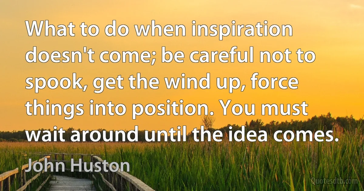 What to do when inspiration doesn't come; be careful not to spook, get the wind up, force things into position. You must wait around until the idea comes. (John Huston)