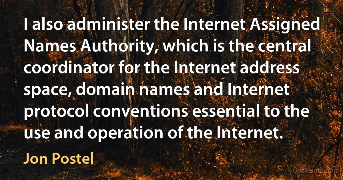 I also administer the Internet Assigned Names Authority, which is the central coordinator for the Internet address space, domain names and Internet protocol conventions essential to the use and operation of the Internet. (Jon Postel)