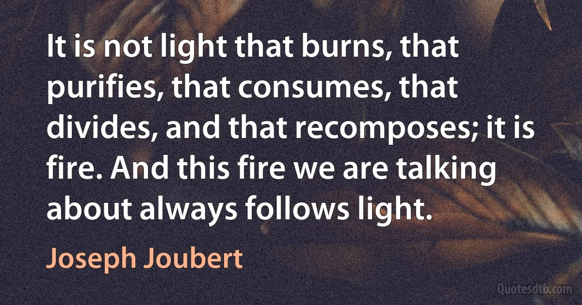 It is not light that burns, that purifies, that consumes, that divides, and that recomposes; it is fire. And this fire we are talking about always follows light. (Joseph Joubert)