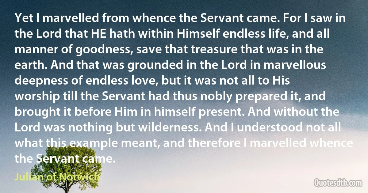 Yet I marvelled from whence the Servant came. For I saw in the Lord that HE hath within Himself endless life, and all manner of goodness, save that treasure that was in the earth. And that was grounded in the Lord in marvellous deepness of endless love, but it was not all to His worship till the Servant had thus nobly prepared it, and brought it before Him in himself present. And without the Lord was nothing but wilderness. And I understood not all what this example meant, and therefore I marvelled whence the Servant came. (Julian of Norwich)