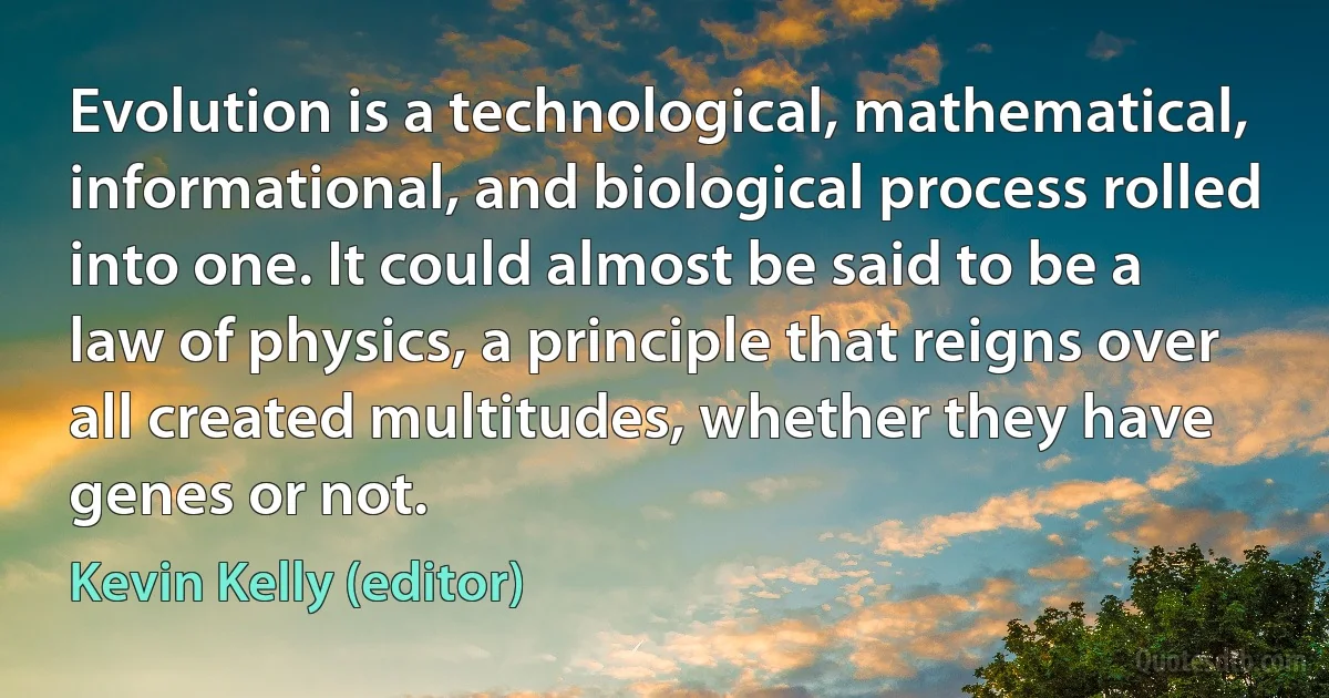 Evolution is a technological, mathematical, informational, and biological process rolled into one. It could almost be said to be a law of physics, a principle that reigns over all created multitudes, whether they have genes or not. (Kevin Kelly (editor))