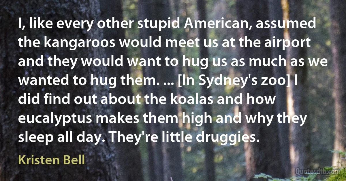 I, like every other stupid American, assumed the kangaroos would meet us at the airport and they would want to hug us as much as we wanted to hug them. ... [In Sydney's zoo] I did find out about the koalas and how eucalyptus makes them high and why they sleep all day. They're little druggies. (Kristen Bell)