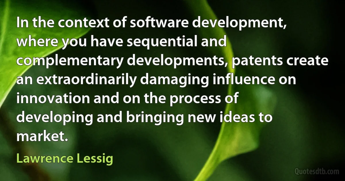 In the context of software development, where you have sequential and complementary developments, patents create an extraordinarily damaging influence on innovation and on the process of developing and bringing new ideas to market. (Lawrence Lessig)