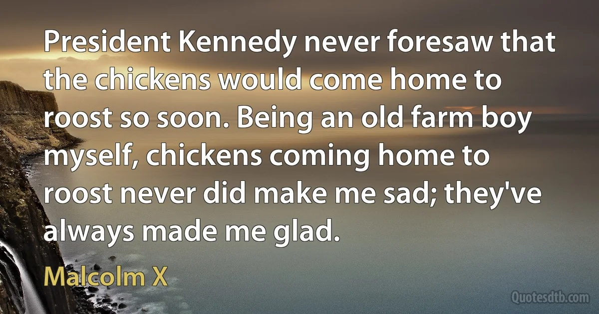 President Kennedy never foresaw that the chickens would come home to roost so soon. Being an old farm boy myself, chickens coming home to roost never did make me sad; they've always made me glad. (Malcolm X)