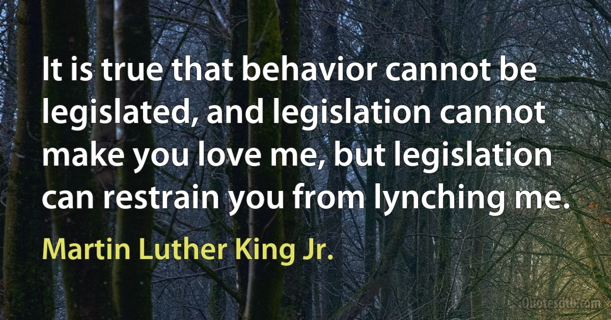 It is true that behavior cannot be legislated, and legislation cannot make you love me, but legislation can restrain you from lynching me. (Martin Luther King Jr.)