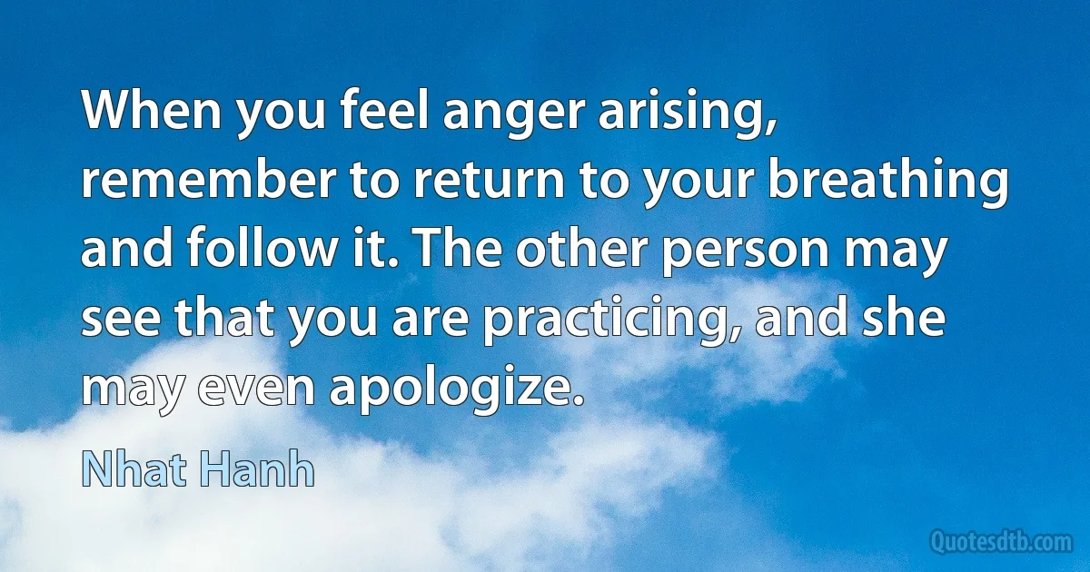 When you feel anger arising, remember to return to your breathing and follow it. The other person may see that you are practicing, and she may even apologize. (Nhat Hanh)