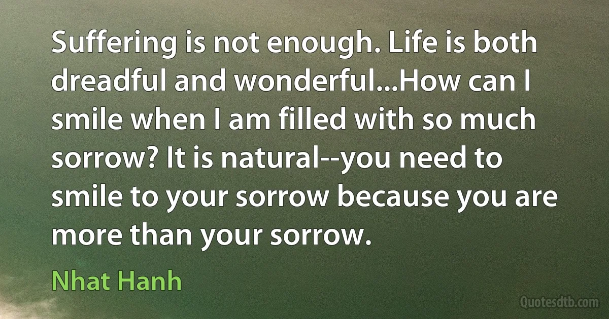 Suffering is not enough. Life is both dreadful and wonderful...How can I smile when I am filled with so much sorrow? It is natural--you need to smile to your sorrow because you are more than your sorrow. (Nhat Hanh)