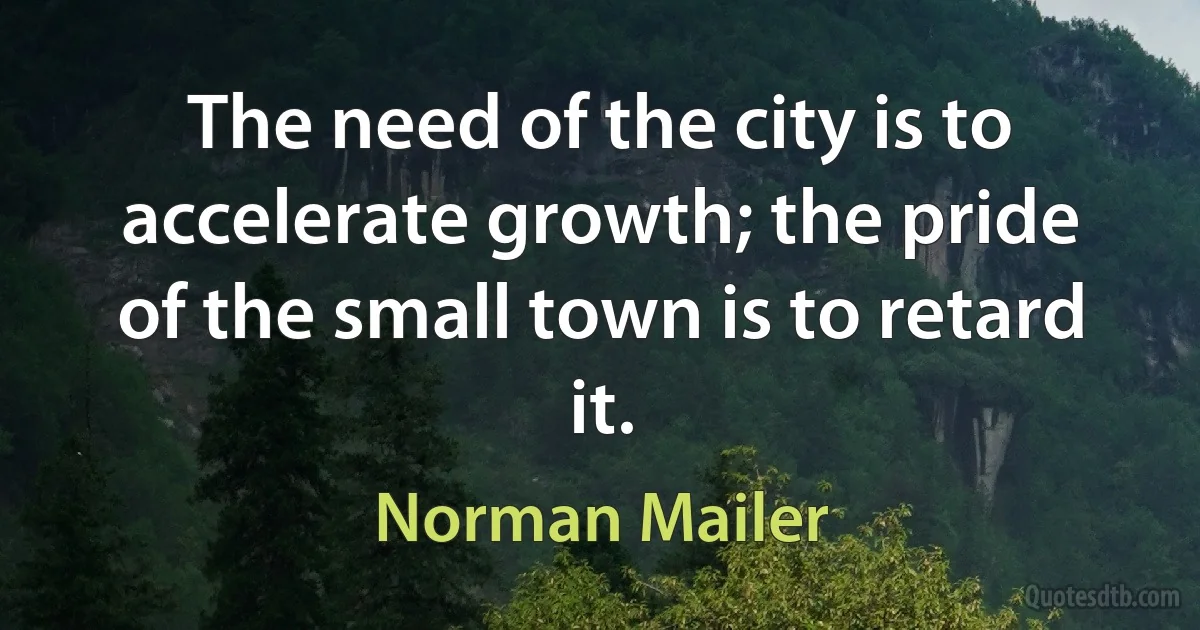 The need of the city is to accelerate growth; the pride of the small town is to retard it. (Norman Mailer)