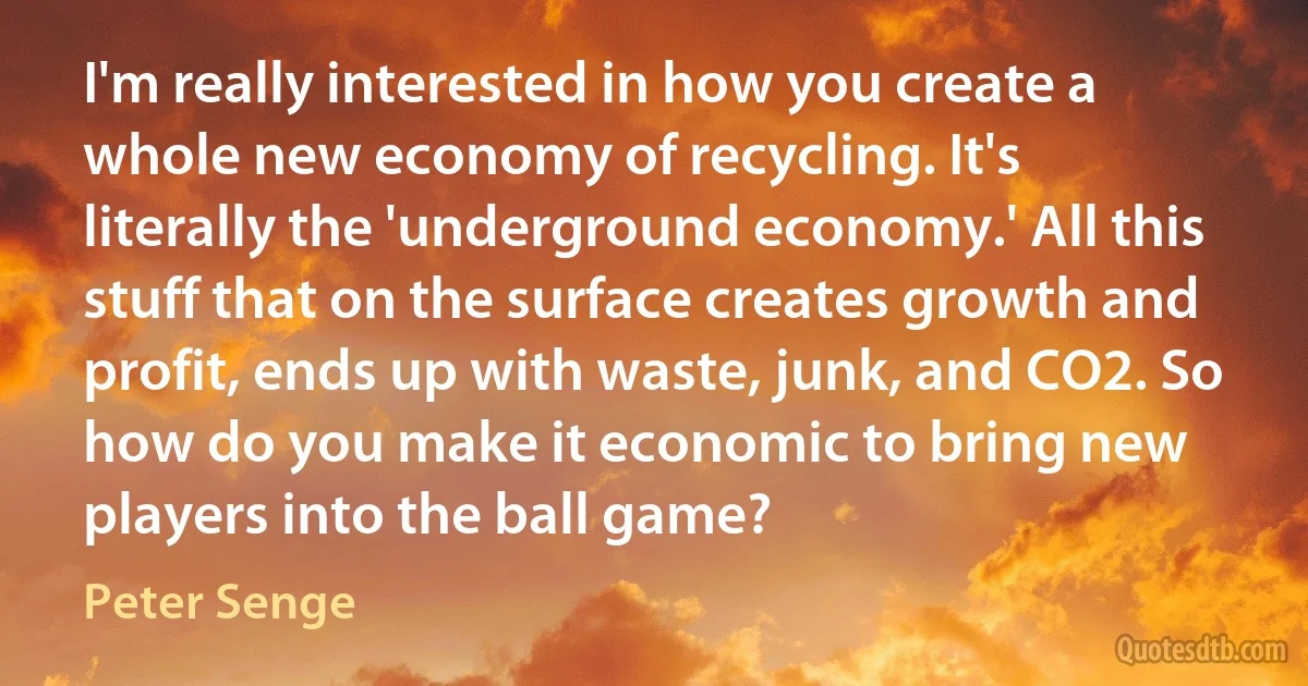 I'm really interested in how you create a whole new economy of recycling. It's literally the 'underground economy.' All this stuff that on the surface creates growth and profit, ends up with waste, junk, and CO2. So how do you make it economic to bring new players into the ball game? (Peter Senge)