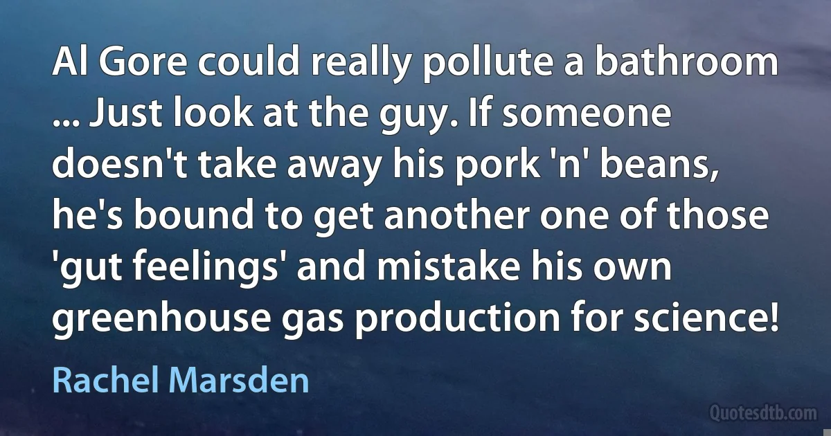 Al Gore could really pollute a bathroom ... Just look at the guy. If someone doesn't take away his pork 'n' beans, he's bound to get another one of those 'gut feelings' and mistake his own greenhouse gas production for science! (Rachel Marsden)