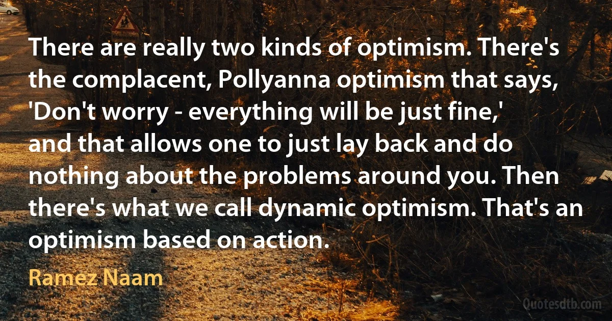 There are really two kinds of optimism. There's the complacent, Pollyanna optimism that says, 'Don't worry - everything will be just fine,' and that allows one to just lay back and do nothing about the problems around you. Then there's what we call dynamic optimism. That's an optimism based on action. (Ramez Naam)