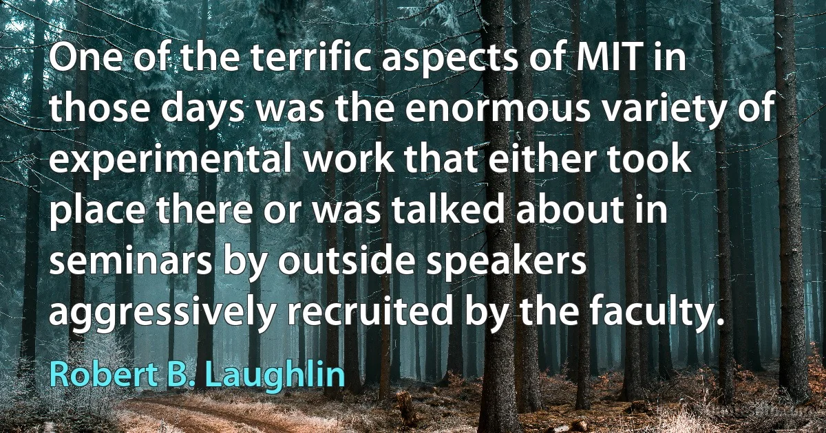 One of the terrific aspects of MIT in those days was the enormous variety of experimental work that either took place there or was talked about in seminars by outside speakers aggressively recruited by the faculty. (Robert B. Laughlin)