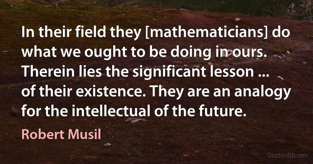 In their field they [mathematicians] do what we ought to be doing in ours. Therein lies the significant lesson ... of their existence. They are an analogy for the intellectual of the future. (Robert Musil)