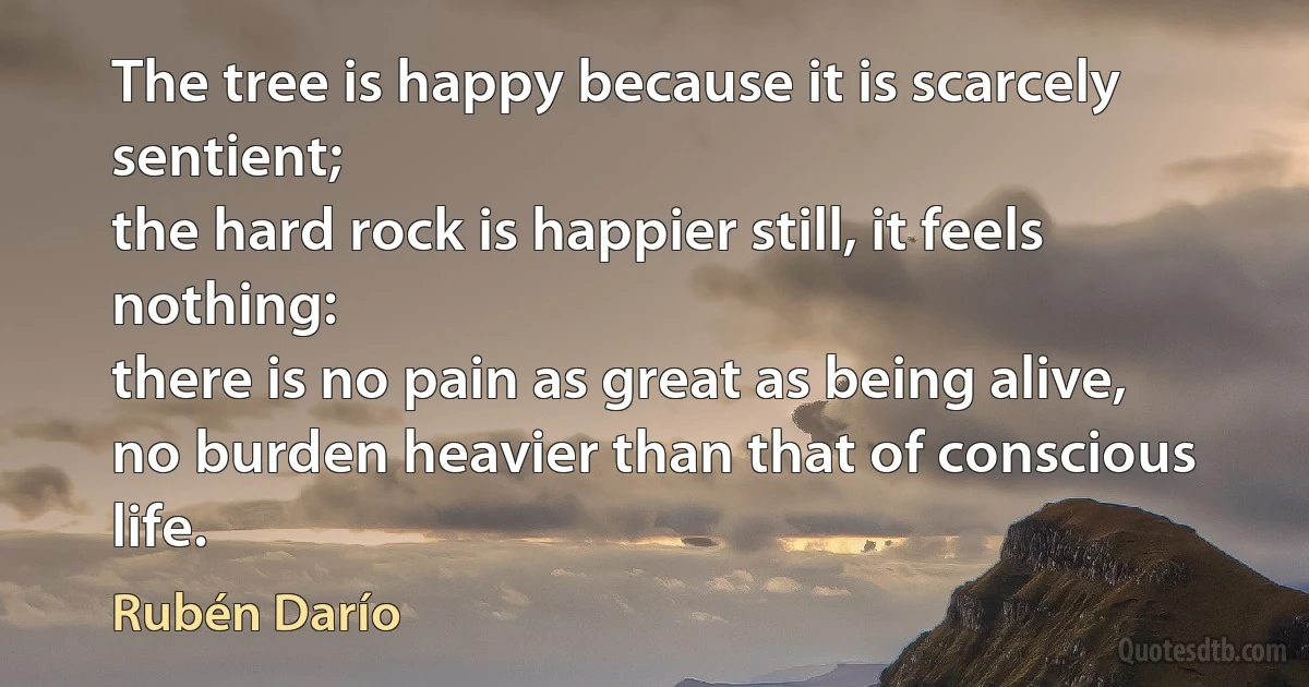 The tree is happy because it is scarcely sentient;
the hard rock is happier still, it feels nothing:
there is no pain as great as being alive,
no burden heavier than that of conscious life. (Rubén Darío)