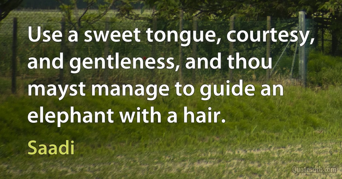 Use a sweet tongue, courtesy, and gentleness, and thou mayst manage to guide an elephant with a hair. (Saadi)