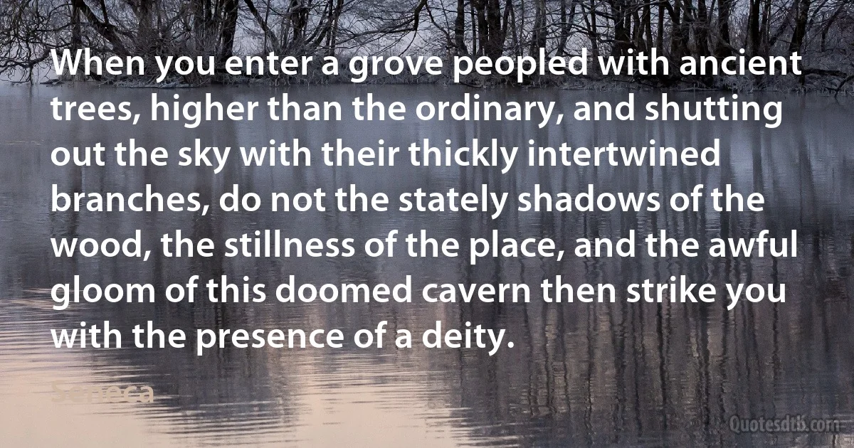 When you enter a grove peopled with ancient trees, higher than the ordinary, and shutting out the sky with their thickly intertwined branches, do not the stately shadows of the wood, the stillness of the place, and the awful gloom of this doomed cavern then strike you with the presence of a deity. (Seneca)