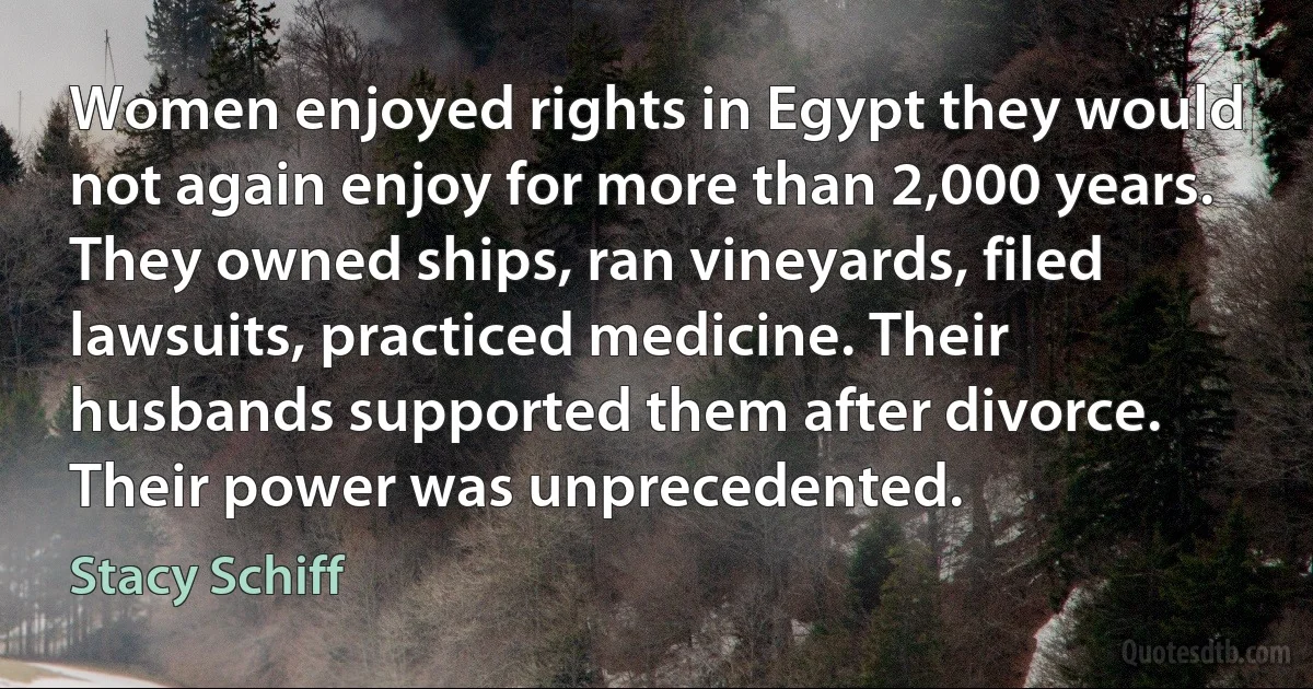 Women enjoyed rights in Egypt they would not again enjoy for more than 2,000 years. They owned ships, ran vineyards, filed lawsuits, practiced medicine. Their husbands supported them after divorce. Their power was unprecedented. (Stacy Schiff)