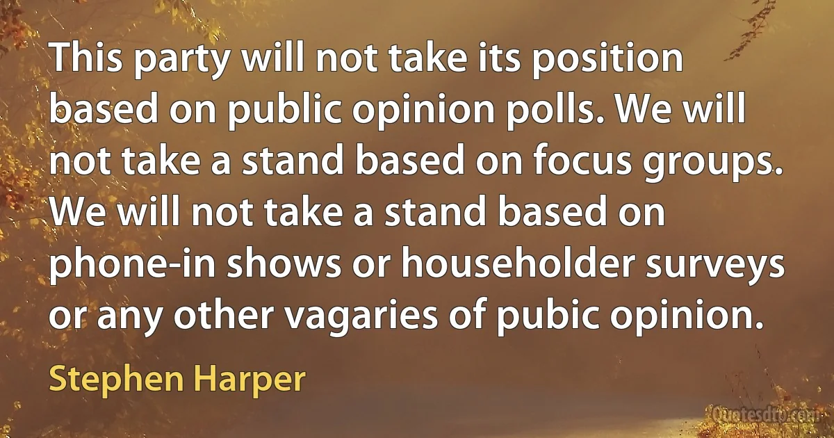 This party will not take its position based on public opinion polls. We will not take a stand based on focus groups. We will not take a stand based on phone-in shows or householder surveys or any other vagaries of pubic opinion. (Stephen Harper)