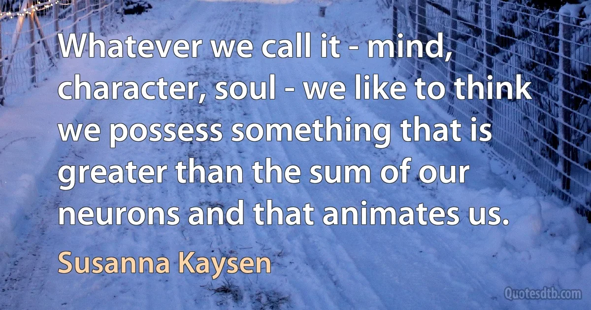 Whatever we call it - mind, character, soul - we like to think we possess something that is greater than the sum of our neurons and that animates us. (Susanna Kaysen)