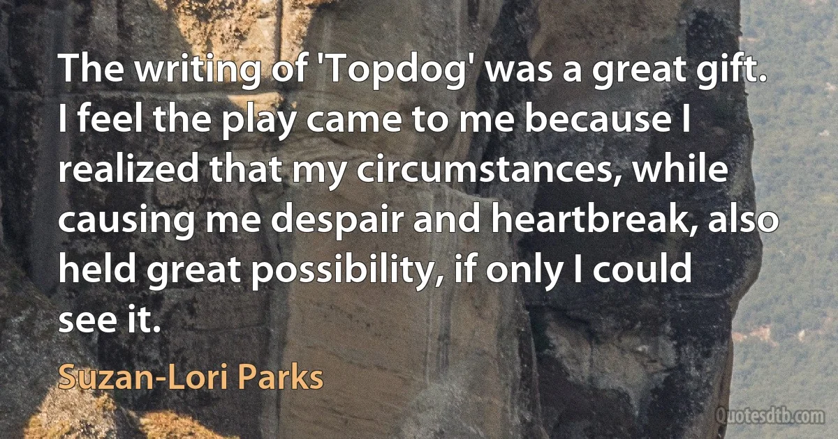 The writing of 'Topdog' was a great gift. I feel the play came to me because I realized that my circumstances, while causing me despair and heartbreak, also held great possibility, if only I could see it. (Suzan-Lori Parks)