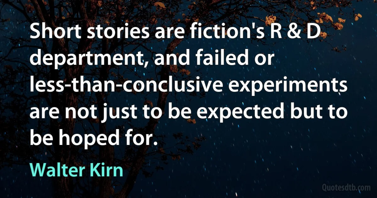 Short stories are fiction's R & D department, and failed or less-than-conclusive experiments are not just to be expected but to be hoped for. (Walter Kirn)