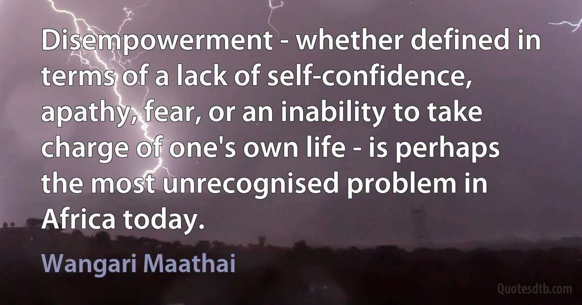 Disempowerment - whether defined in terms of a lack of self-confidence, apathy, fear, or an inability to take charge of one's own life - is perhaps the most unrecognised problem in Africa today. (Wangari Maathai)