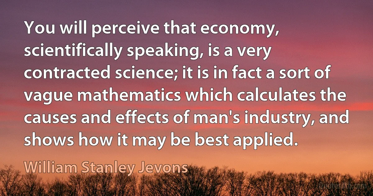 You will perceive that economy, scientifically speaking, is a very contracted science; it is in fact a sort of vague mathematics which calculates the causes and effects of man's industry, and shows how it may be best applied. (William Stanley Jevons)