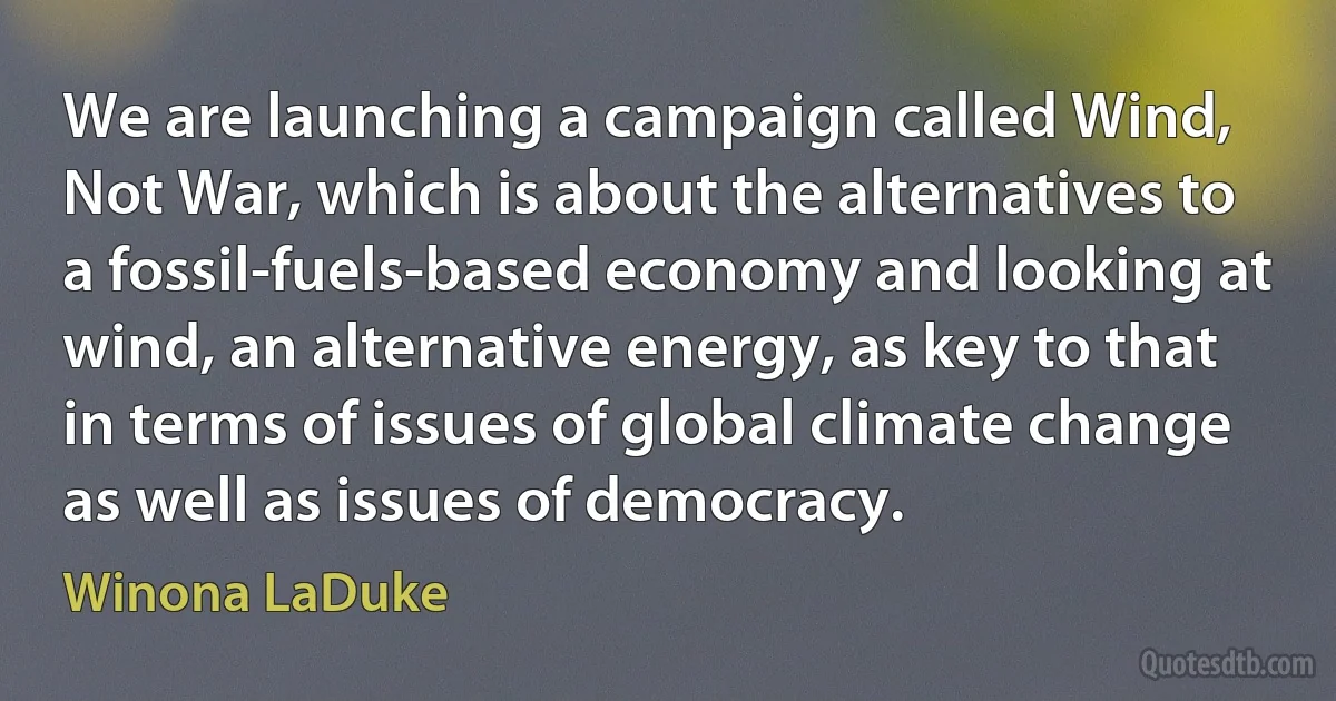 We are launching a campaign called Wind, Not War, which is about the alternatives to a fossil-fuels-based economy and looking at wind, an alternative energy, as key to that in terms of issues of global climate change as well as issues of democracy. (Winona LaDuke)