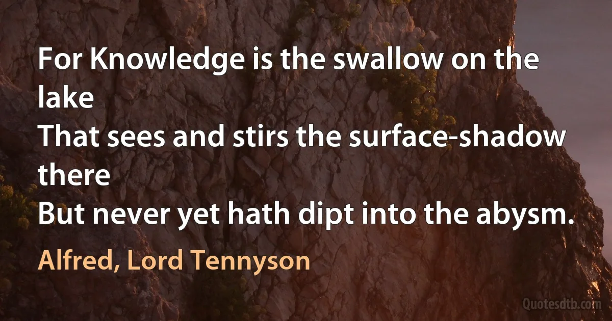 For Knowledge is the swallow on the lake
That sees and stirs the surface-shadow there
But never yet hath dipt into the abysm. (Alfred, Lord Tennyson)