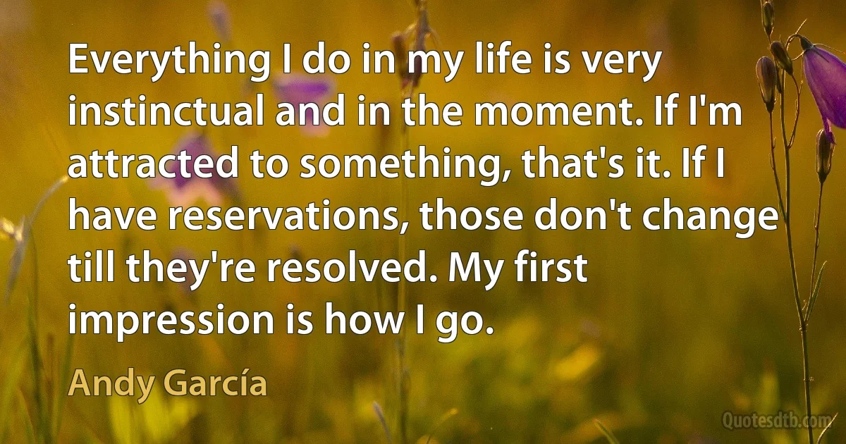 Everything I do in my life is very instinctual and in the moment. If I'm attracted to something, that's it. If I have reservations, those don't change till they're resolved. My first impression is how I go. (Andy García)