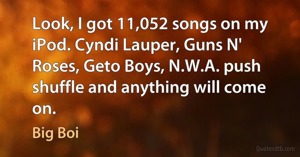 Look, I got 11,052 songs on my iPod. Cyndi Lauper, Guns N' Roses, Geto Boys, N.W.A. push shuffle and anything will come on. (Big Boi)