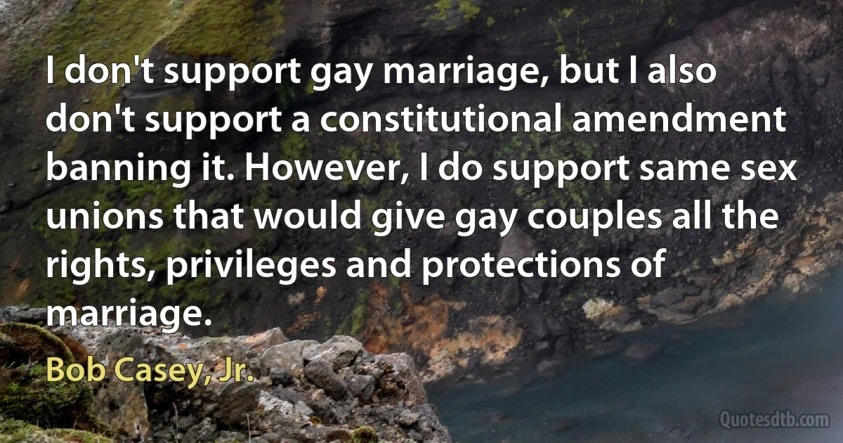 I don't support gay marriage, but I also don't support a constitutional amendment banning it. However, I do support same sex unions that would give gay couples all the rights, privileges and protections of marriage. (Bob Casey, Jr.)