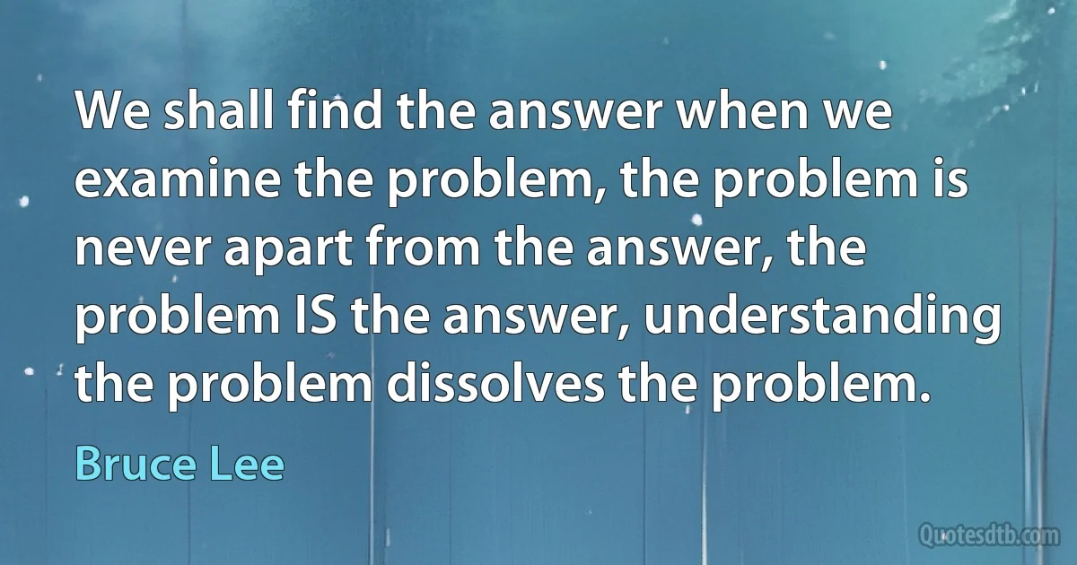 We shall find the answer when we examine the problem, the problem is never apart from the answer, the problem IS the answer, understanding the problem dissolves the problem. (Bruce Lee)