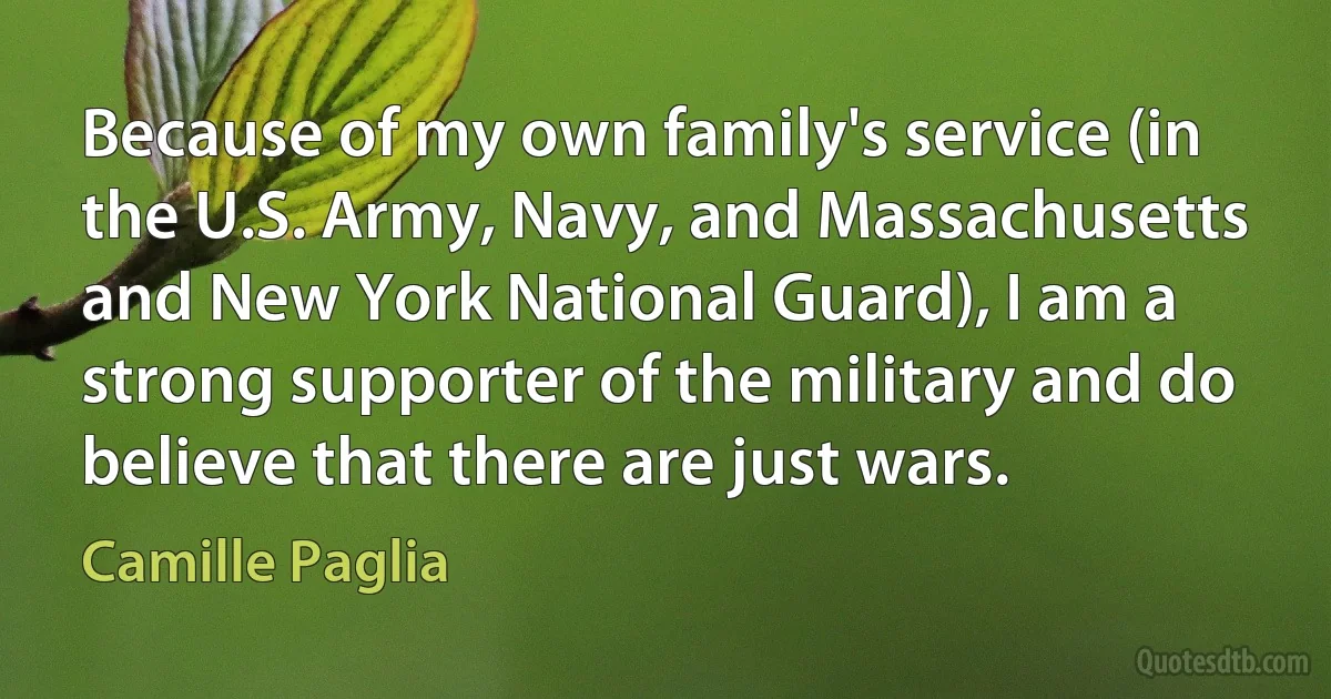 Because of my own family's service (in the U.S. Army, Navy, and Massachusetts and New York National Guard), I am a strong supporter of the military and do believe that there are just wars. (Camille Paglia)