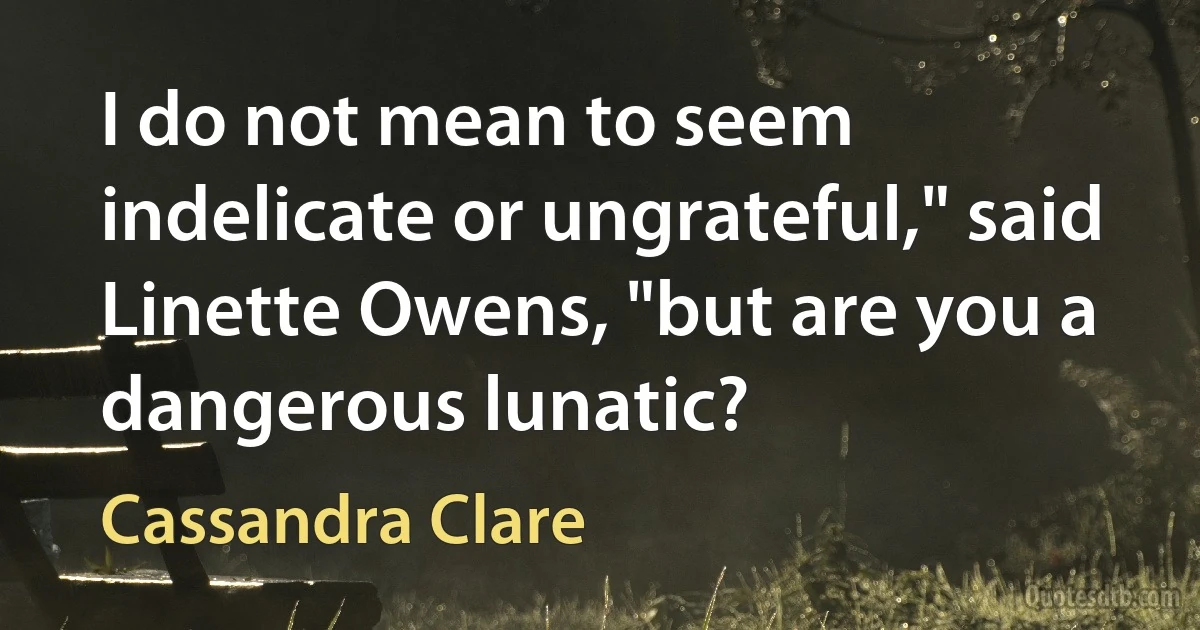 I do not mean to seem indelicate or ungrateful," said Linette Owens, "but are you a dangerous lunatic? (Cassandra Clare)