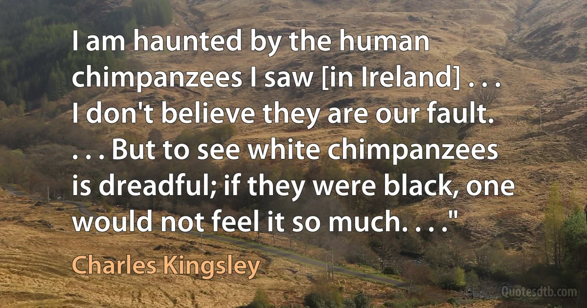 I am haunted by the human chimpanzees I saw [in Ireland] . . . I don't believe they are our fault. . . . But to see white chimpanzees is dreadful; if they were black, one would not feel it so much. . . ." (Charles Kingsley)