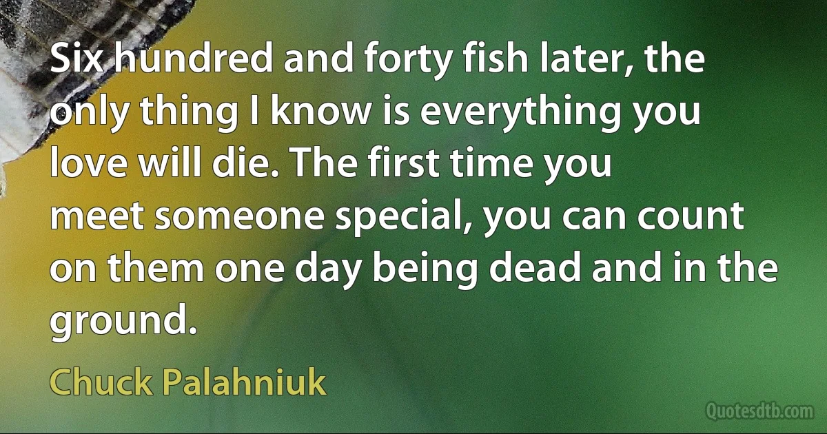 Six hundred and forty fish later, the only thing I know is everything you love will die. The first time you meet someone special, you can count on them one day being dead and in the ground. (Chuck Palahniuk)